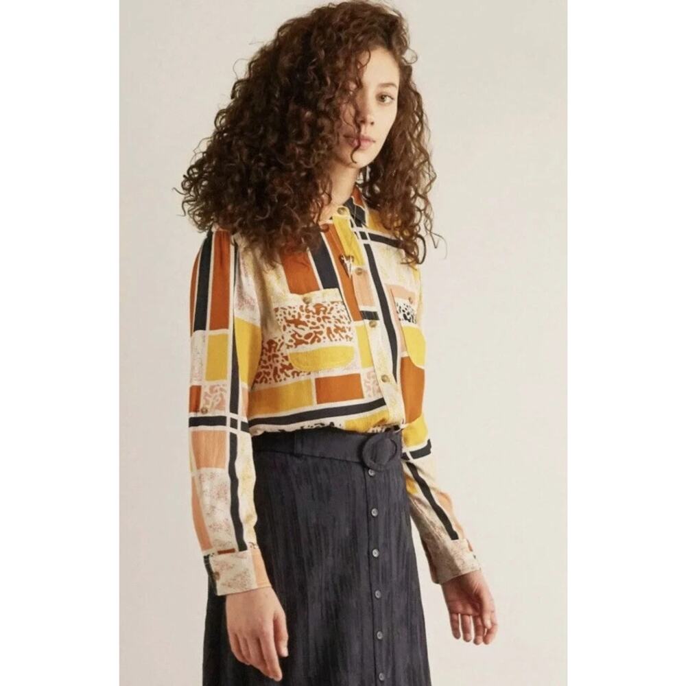 The Odells Top‎ Womens Extra Small Lisse Blouse Button Front Geometric Anthro